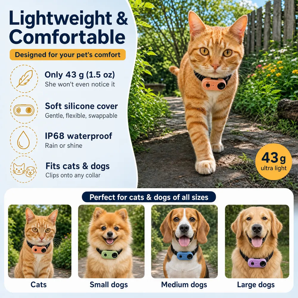 Lightweight and comfortable: 43g, IP68, soft silicone — cats and dogs, any collar