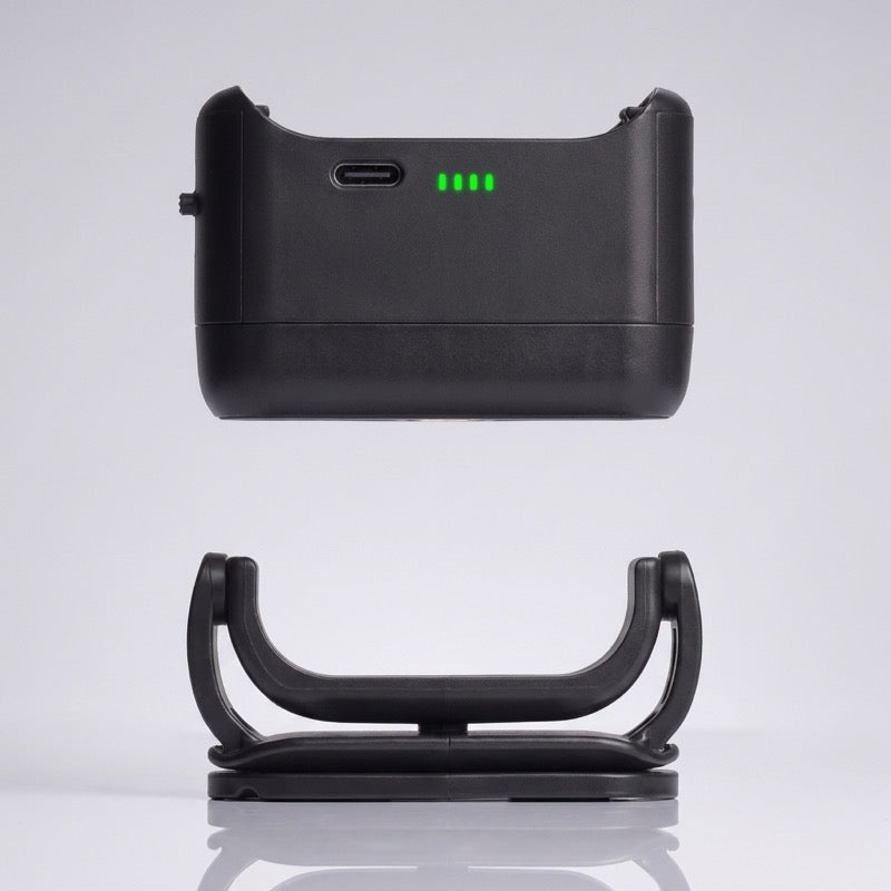 Black PawCast Camera, back view with mount and charging port