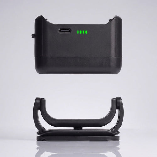 Black PawCast Camera, back view with mount and charging port