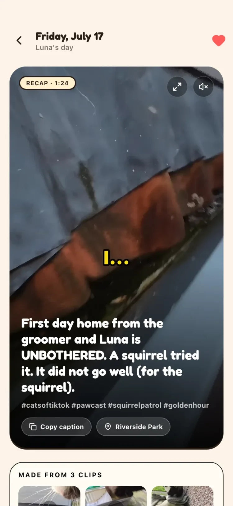 One day in Luna's diary — Friday's recap with its caption, hashtags, and the clips it was cut from