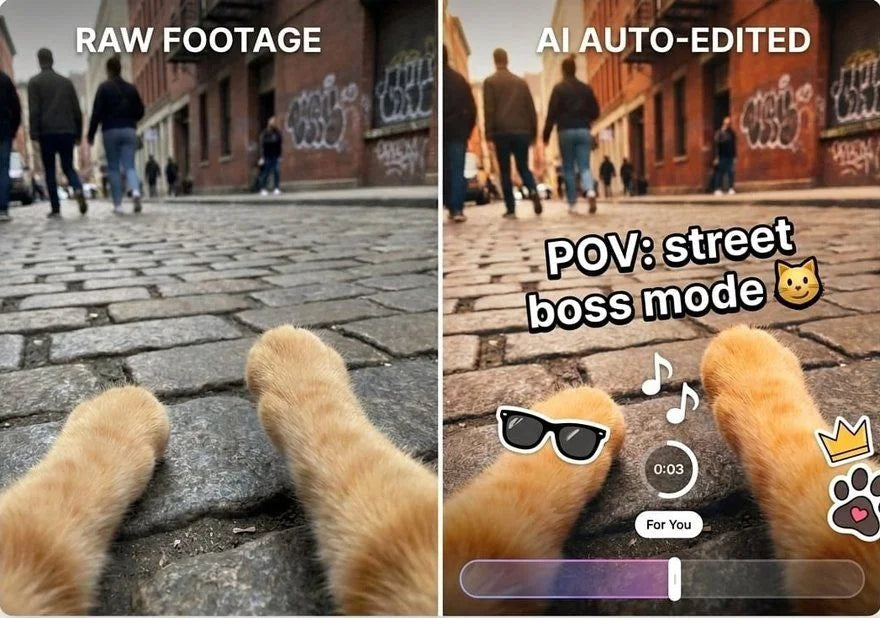 The same walk before and after — raw footage on the left, the auto-edited recap on the right