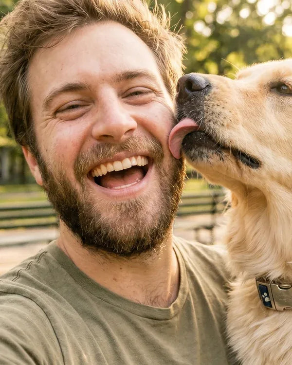 Sam and his golden retriever, mid-lick, in the park